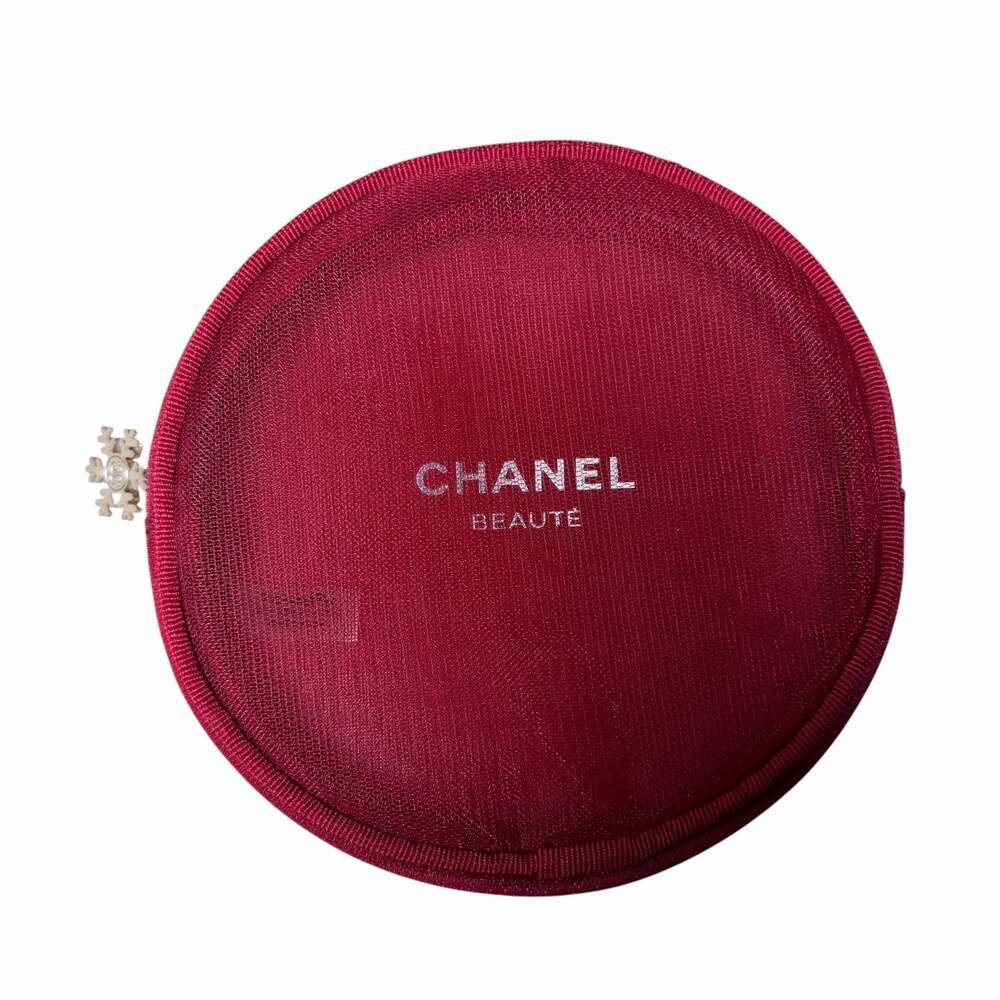 Chanel beaute red mesh round holiday makeup cosmetic pouch snowflake zipper pull